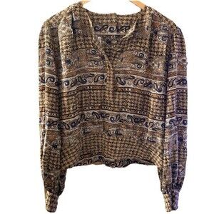 1980's Geometric Silk Midi Skirt Blouse Set by Ann Crimmins for UMI Large 14